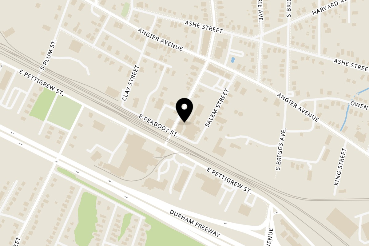 Map showing the location of Dame's Chicken & Waffles on 455 S Driver St in Durham